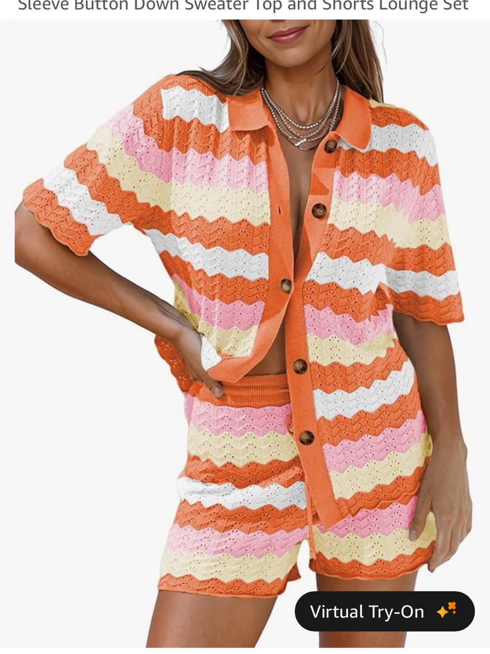 Button-Front Crochet Stripe Shorts — Orange Pink White